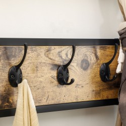 Naulakko penkillä ja säilytyshyllyillä, teollinen tyyli, muistitaulu ja kangastasku, 100 x 40 x 185 cm, musta/ruskea