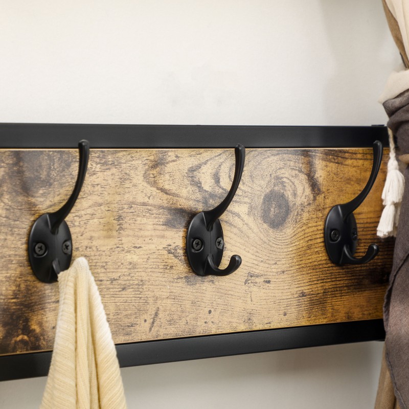 Naulakko penkillä ja säilytyshyllyillä, teollinen tyyli, muistitaulu ja kangastasku, 100 x 40 x 185 cm, musta/ruskea