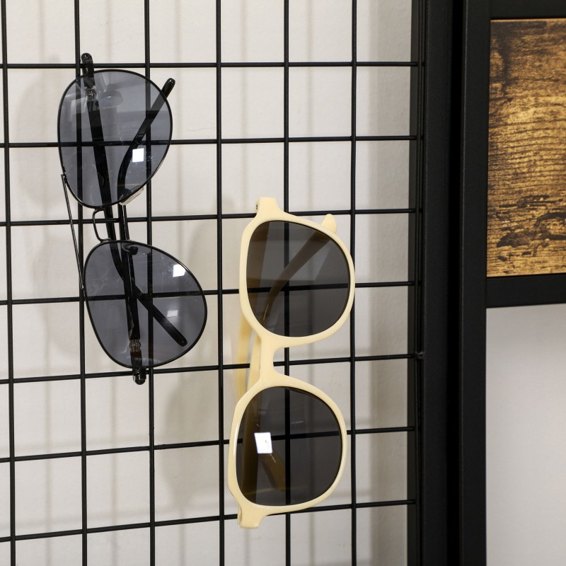 Naulakko penkillä ja säilytyshyllyillä, teollinen tyyli, muistitaulu ja kangastasku, 100 x 40 x 185 cm, musta/ruskea