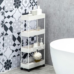 Kapea keittiövaunu 4 hyllyä ja koukkua 40 x 19 x 90 cm valkoinen teräs/ABS pyörillä