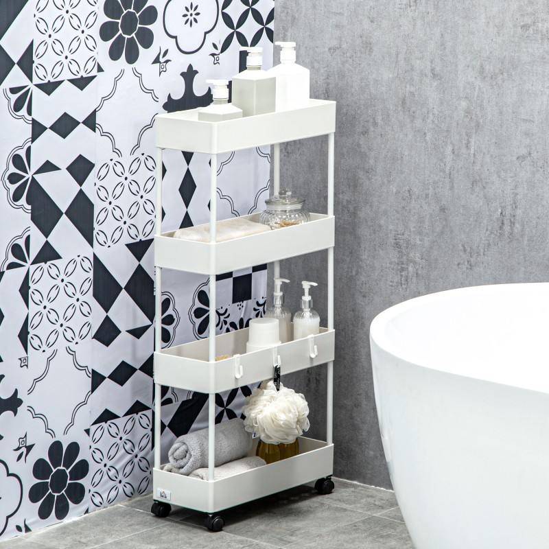 Kapea keittiövaunu 4 hyllyä ja koukkua 40 x 19 x 90 cm valkoinen teräs/ABS pyörillä