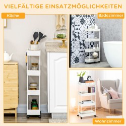 Kapea keittiövaunu 4 hyllyä ja koukkua 40 x 19 x 90 cm valkoinen teräs/ABS pyörillä