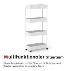 Kapea keittiövaunu 4 hyllyä ja koukkua 40 x 19 x 90 cm valkoinen teräs/ABS pyörillä