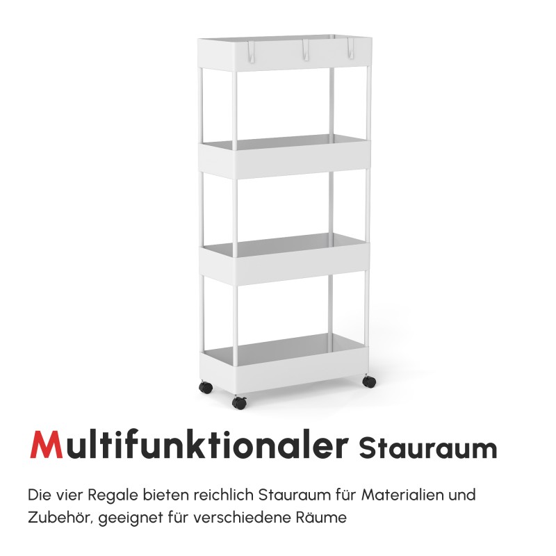 Kapea keittiövaunu 4 hyllyä ja koukkua 40 x 19 x 90 cm valkoinen teräs/ABS pyörillä