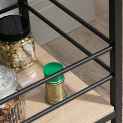 Keittiövaunu kahdella tasolla ja reunuksella, teräs ja puunsävy, 82 x 40 x 75 cm, musta/puu