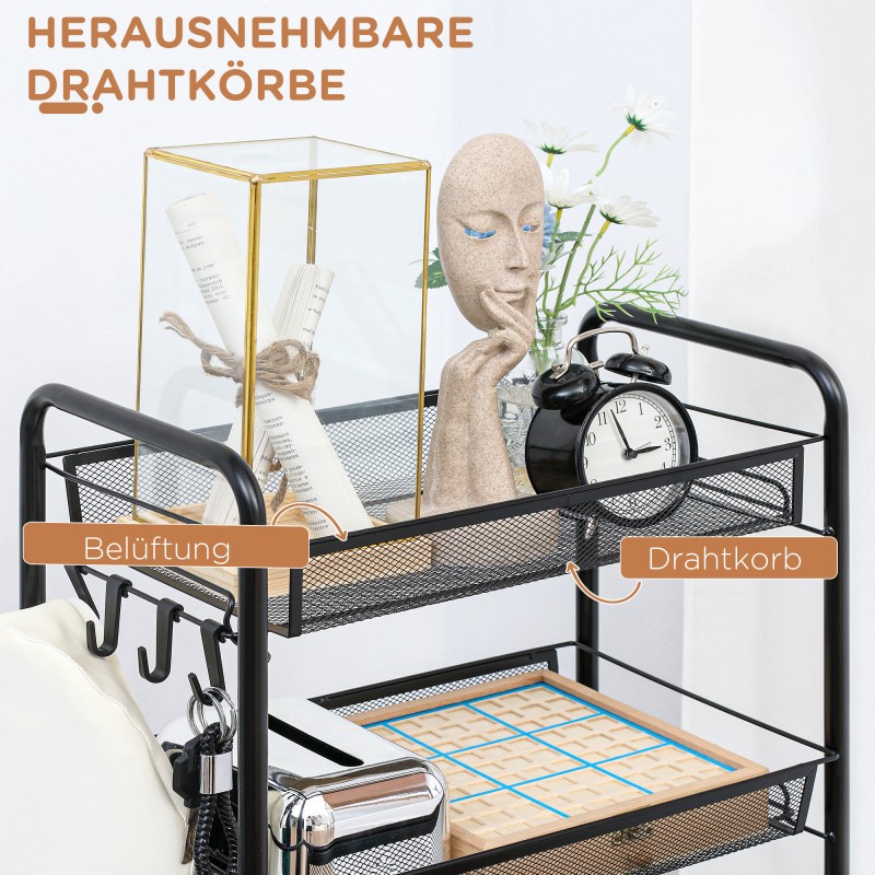 Kapea keittiövaunu 5 metallikorilla, koukut ja pyörät, teräs/muovi, 45x26,5x106 cm, valkoinen