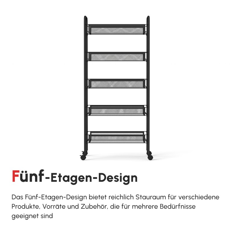 Kapea keittiövaunu 5 metallikorilla, koukut ja pyörät, teräs/muovi, 45x26,5x106 cm, valkoinen