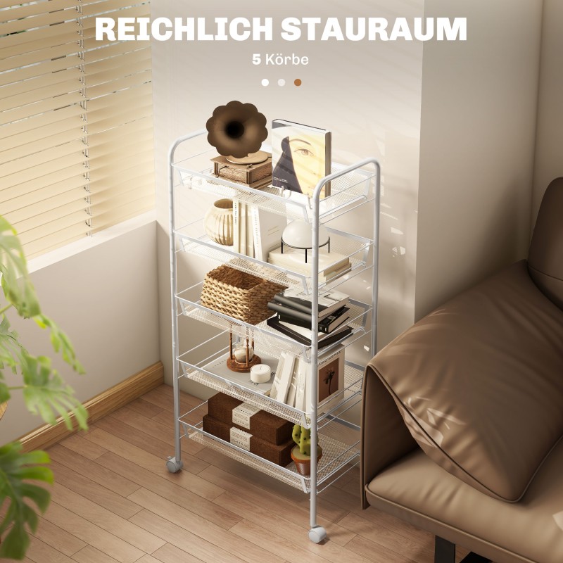 Kapea keittiövaunu 5 metallikorilla ja 4 koukulla, teräs/muovi, 45 x 26,5 x 106 cm, valkoinen