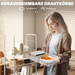 Kapea keittiövaunu 5 metallikorilla ja 4 koukulla, teräs/muovi, 45 x 26,5 x 106 cm, valkoinen