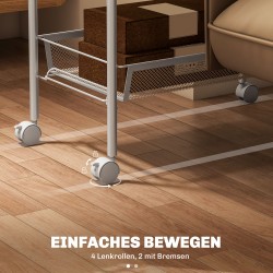 Kapea keittiövaunu 5 metallikorilla ja 4 koukulla, teräs/muovi, 45 x 26,5 x 106 cm, valkoinen