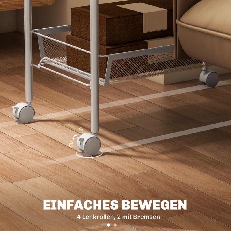 Kapea keittiövaunu 5 metallikorilla ja 4 koukulla, teräs/muovi, 45 x 26,5 x 106 cm, valkoinen