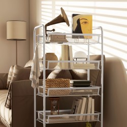 Kapea keittiövaunu 5 metallikorilla ja 4 koukulla, teräs/muovi, 45 x 26,5 x 106 cm, valkoinen