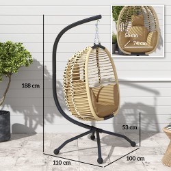 Riippukeinu jalustalla ulko- ja sisäkäyttöön, teräsrunko, taitettava munanmuotoinen istuin, beige