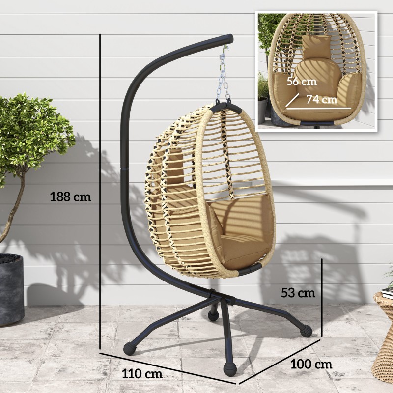 Riippukeinu jalustalla ulko- ja sisäkäyttöön, teräsrunko, taitettava munanmuotoinen istuin, beige