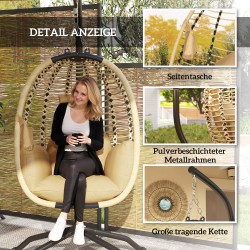 Riippukeinu jalustalla ulko- ja sisäkäyttöön, teräsrunko, taitettava munanmuotoinen istuin, beige