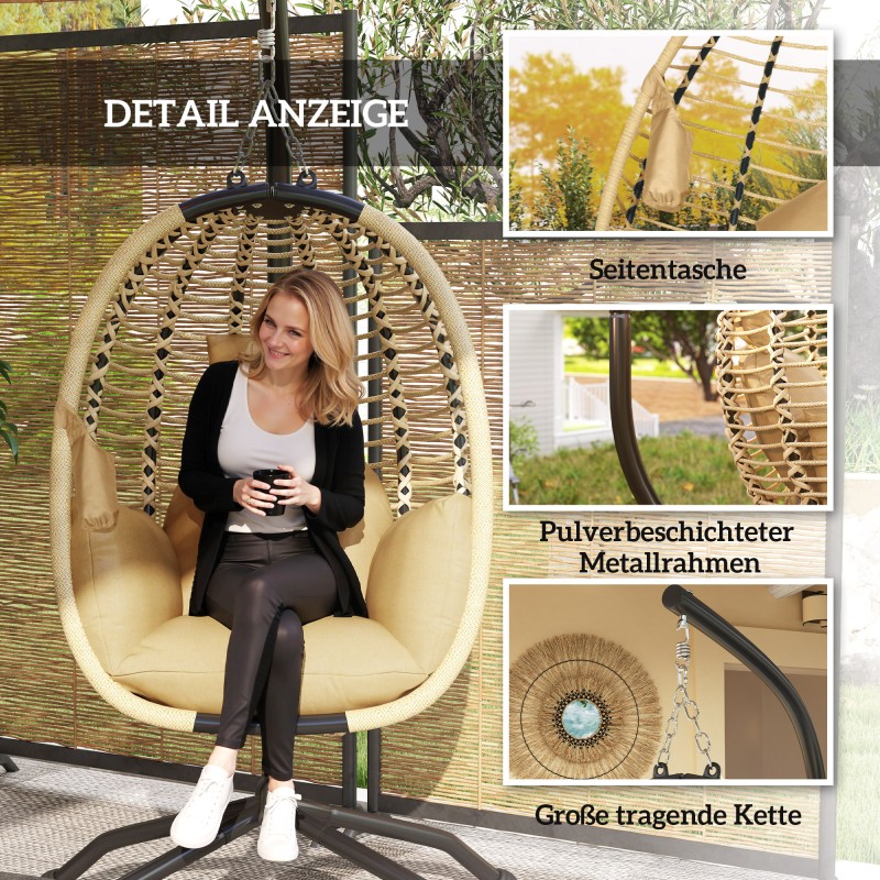 Riippukeinu jalustalla ulko- ja sisäkäyttöön, teräsrunko, taitettava munanmuotoinen istuin, beige