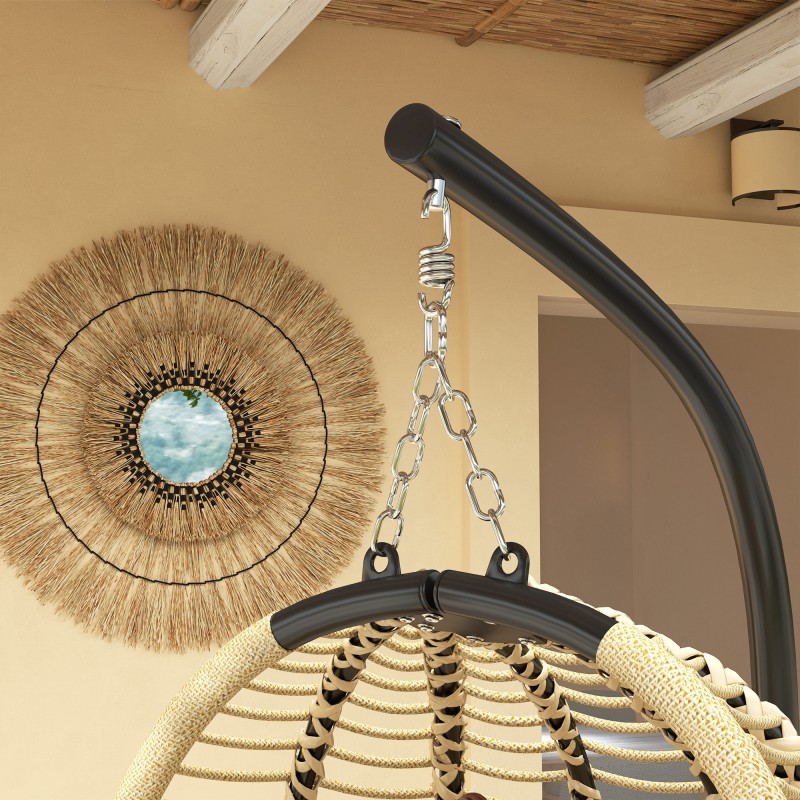 Riippukeinu jalustalla ulko- ja sisäkäyttöön, teräsrunko, taitettava munanmuotoinen istuin, beige