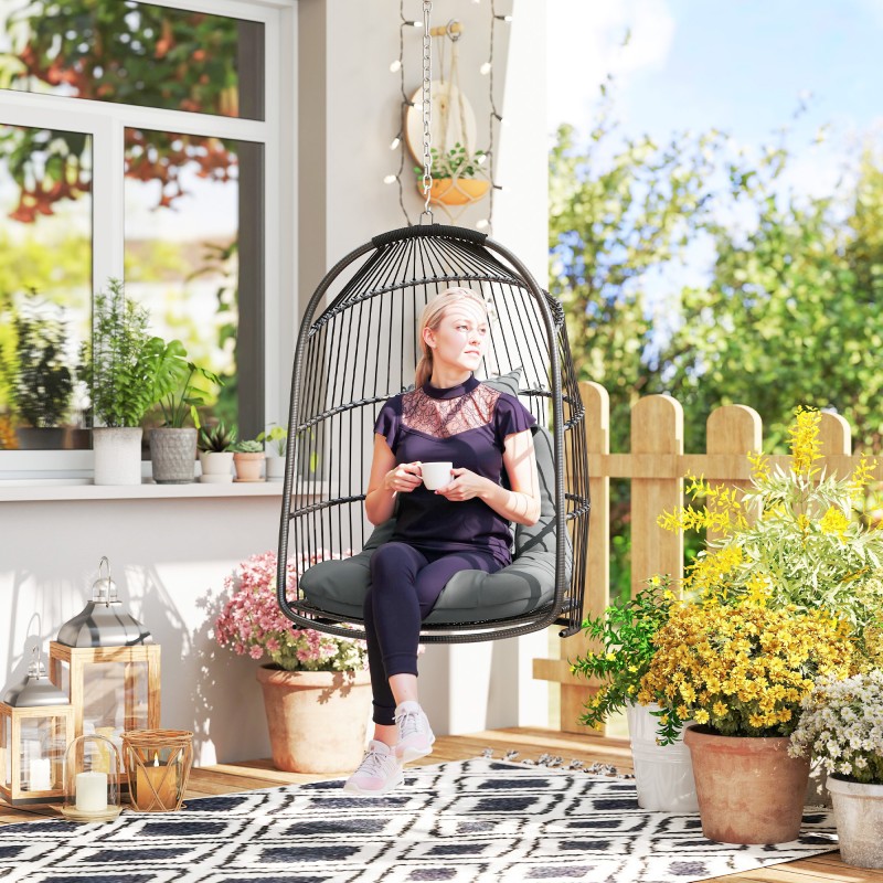 Roikkutuoli polyrottinkia tyynyillä ulko- ja sisäkäyttöön, taitettava, 150 kg, tummanharmaa