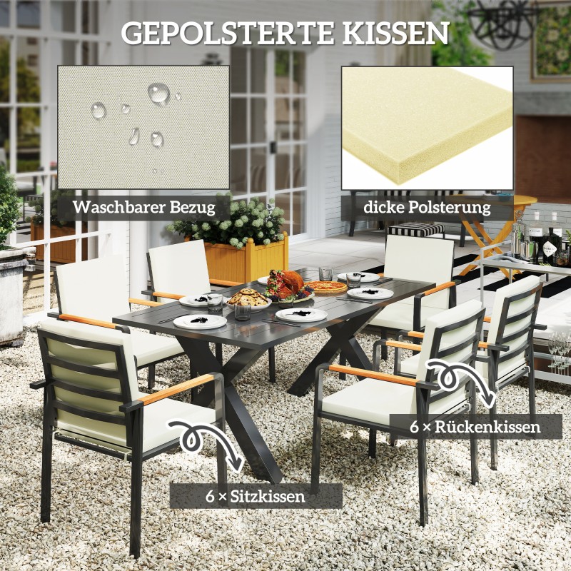 Puutarhan ruokailuryhmä 7 osaa ulkokäyttöön, alumiinia, pöytä 175 x 92 x 73 cm, 6 tuolia, musta/harmaa