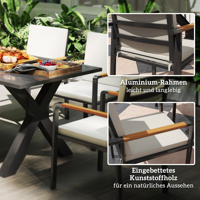 Puutarhan ruokailuryhmä 7 osaa ulkokäyttöön, alumiinia, pöytä 175 x 92 x 73 cm, 6 tuolia, musta/harmaa