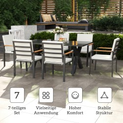 Puutarhan ruokailuryhmä 7 osaa ulkokäyttöön, alumiinia, pöytä 175 x 92 x 73 cm, 6 tuolia, musta/harmaa