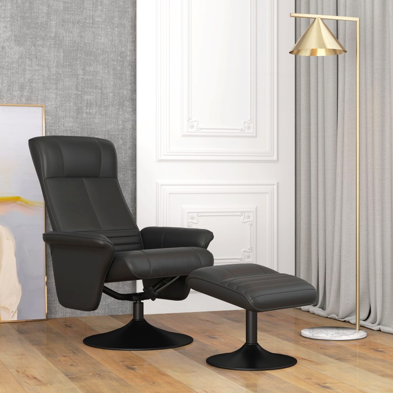 Lepotuoli ja jalkarahi, kääntyvä ja kallistettava, mikrokuitukangasta muistuttava polyesteri, musta