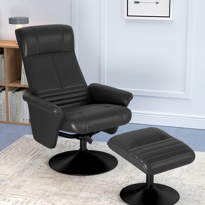 Lepotuoli ja jalkarahi, kääntyvä ja kallistettava, mikrokuitukangasta muistuttava polyesteri, musta