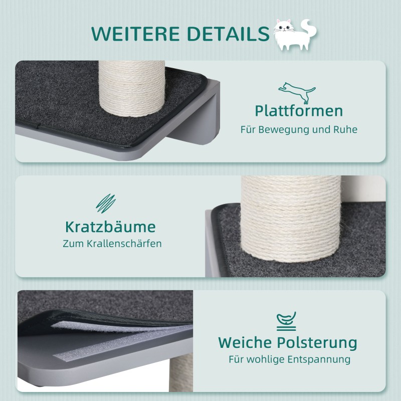 Seinään kiinnitettävä kissan kiipeily- ja raapimispuu 137 cm, MDF, juutti, vaaleanharmaa/beige