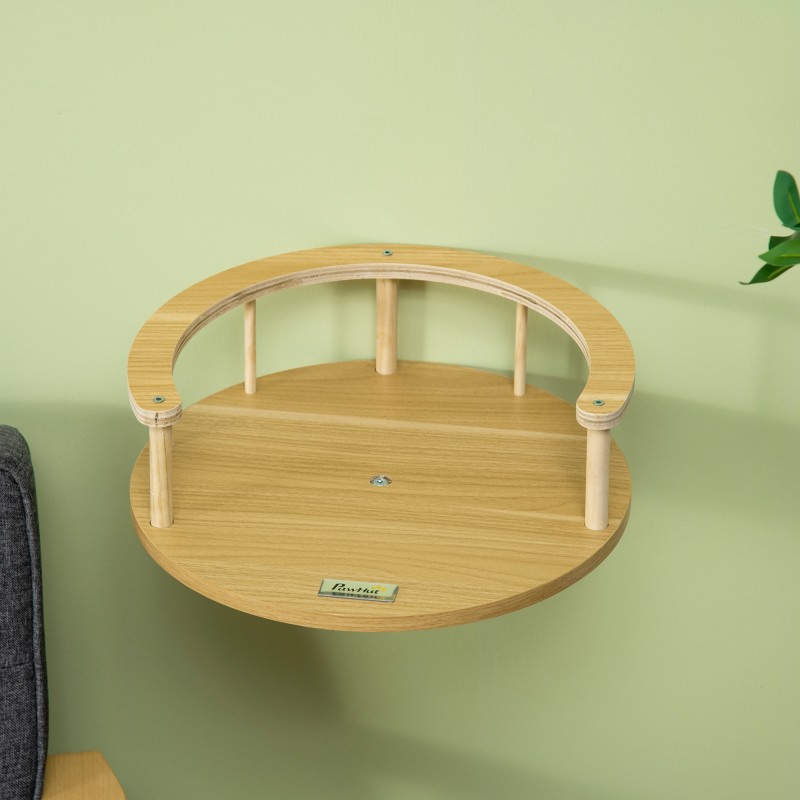 Seinään kiinnitettävä kissan lepotaso lastulevystä Ø34 x 10,5 cm tammi/kerma