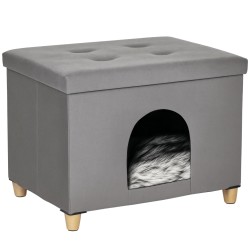 Kissanpesä ja jalkarahi 2 in 1 MDF ja plyysi 60 x 45 x 44 5 cm harmaa