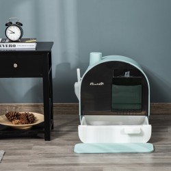 Kissan suljettu hiekkalaatikko kannella, suodattimella ja matolla, muovi, 43 x 44 x 47 cm, vihreä/musta