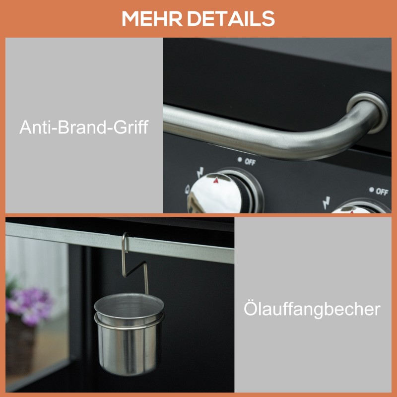 Kaasugrilli 3 polttimella, metallirunko, sivutasot ja kaapillinen alakaappi, musta 132,4 x 55 x 109 cm