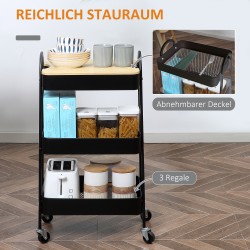 Rullattava säilytys- ja tarjoiluvaunu, 3 korihyllyä ja kansi, teräs/muovi/MDF, 45 x 31 x 79,4 cm, musta