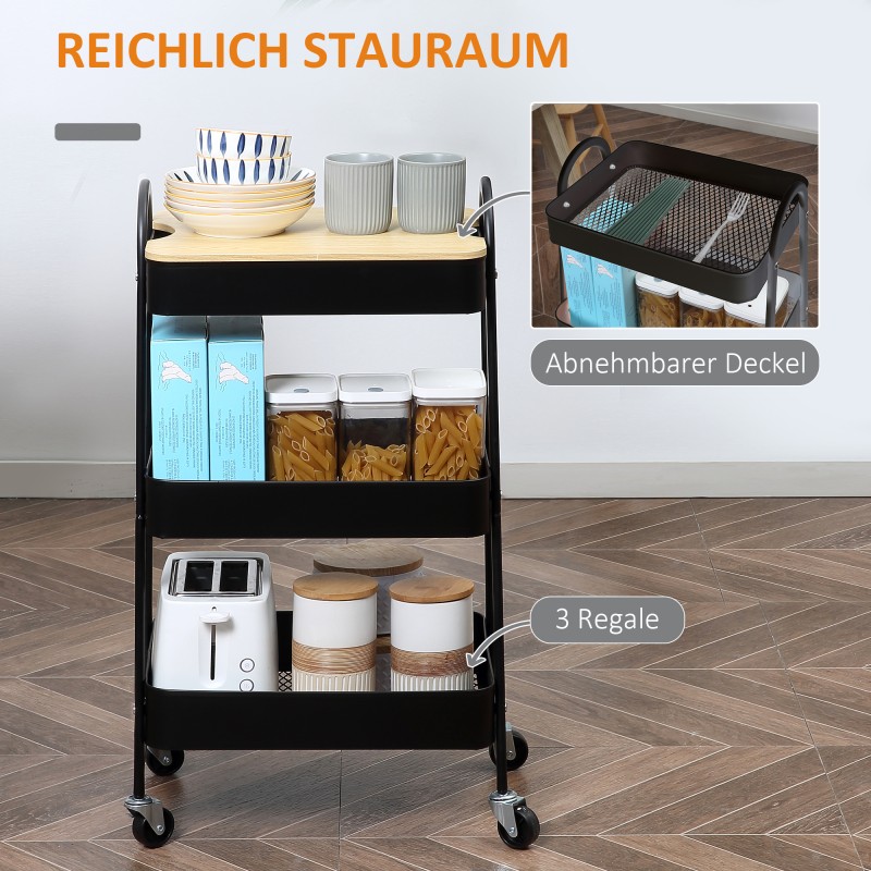 Rullattava säilytys- ja tarjoiluvaunu, 3 korihyllyä ja kansi, teräs/muovi/MDF, 45 x 31 x 79,4 cm, musta