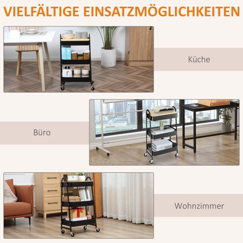 Rullattava säilytys- ja tarjoiluvaunu, 3 korihyllyä ja kansi, teräs/muovi/MDF, 45 x 31 x 79,4 cm, musta