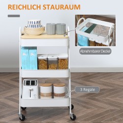 Kolmitasoinen tarjoilu- ja säilytysvaunu pyörillä, teräs ja muovi, 45 x 31 x 79,4 cm, valkoinen