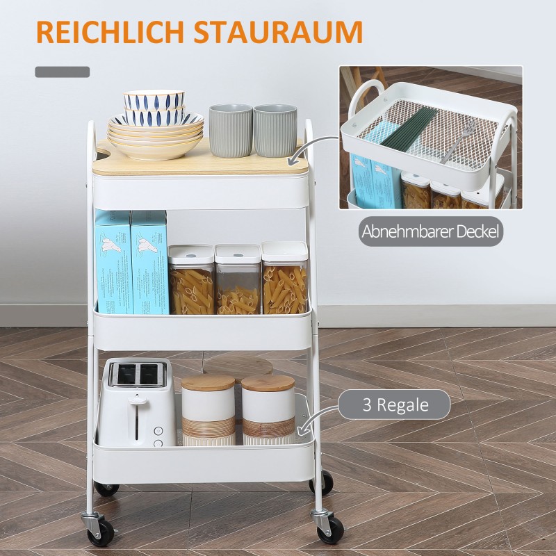 Kolmitasoinen tarjoilu- ja säilytysvaunu pyörillä, teräs ja muovi, 45 x 31 x 79,4 cm, valkoinen