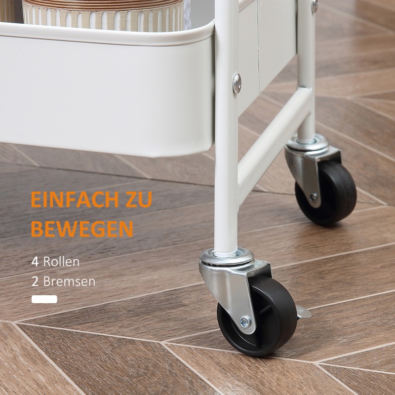 Kolmitasoinen tarjoilu- ja säilytysvaunu pyörillä, teräs ja muovi, 45 x 31 x 79,4 cm, valkoinen