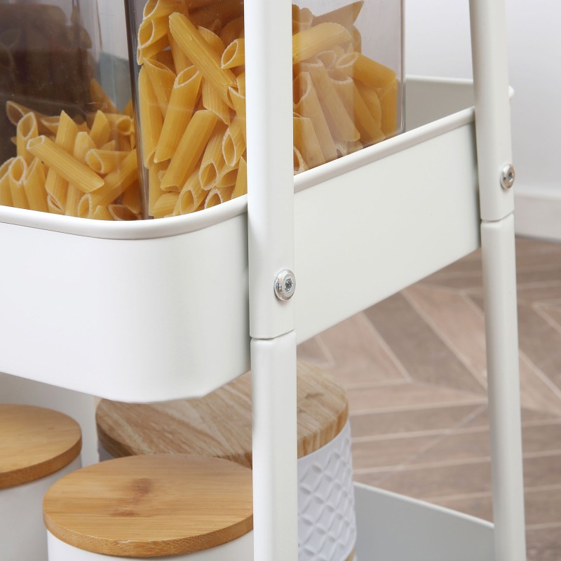 Kolmitasoinen tarjoilu- ja säilytysvaunu pyörillä, teräs ja muovi, 45 x 31 x 79,4 cm, valkoinen