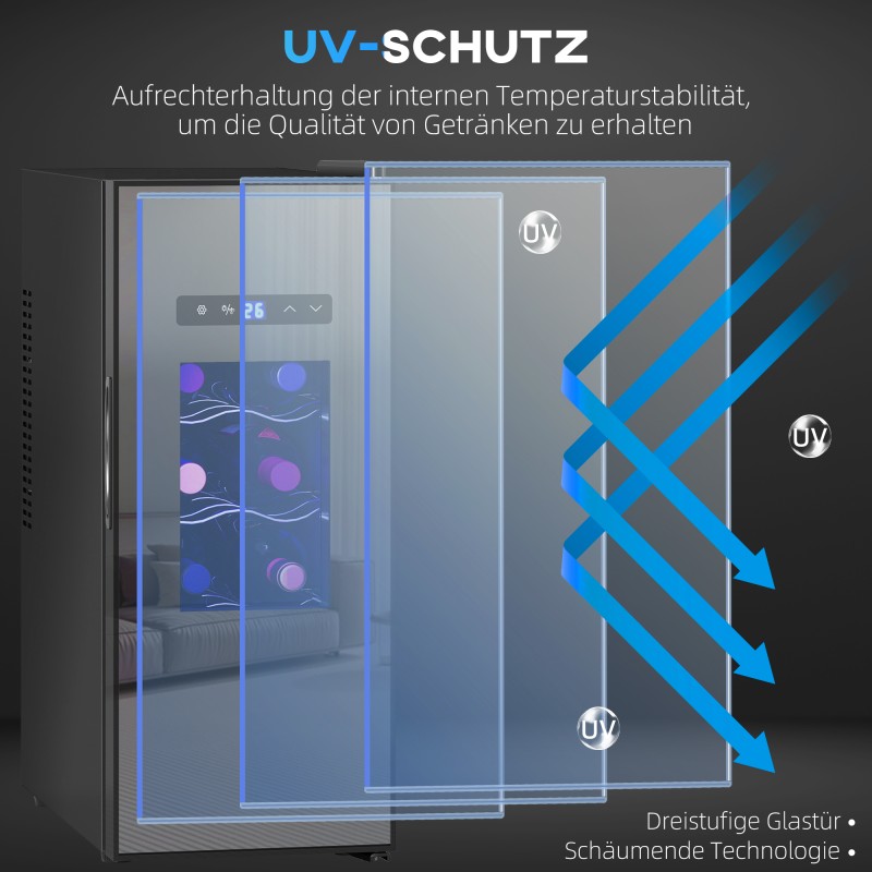 Viinikaappi 12 pullolle 30 L, lasiovi, LED-valo, kosketusohjaus, musta