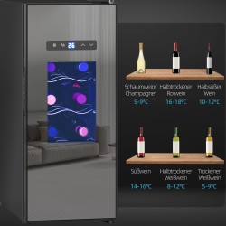 Viinikaappi 12 pullolle 30 L, lasiovi, LED-valo, kosketusohjaus, musta