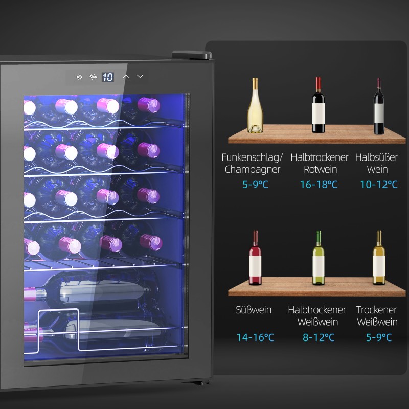Viinikaappi 20 pullolle, 53 l, kompressorijäähdytys, UV-suojattu lasiovi, LED-valaistus, musta