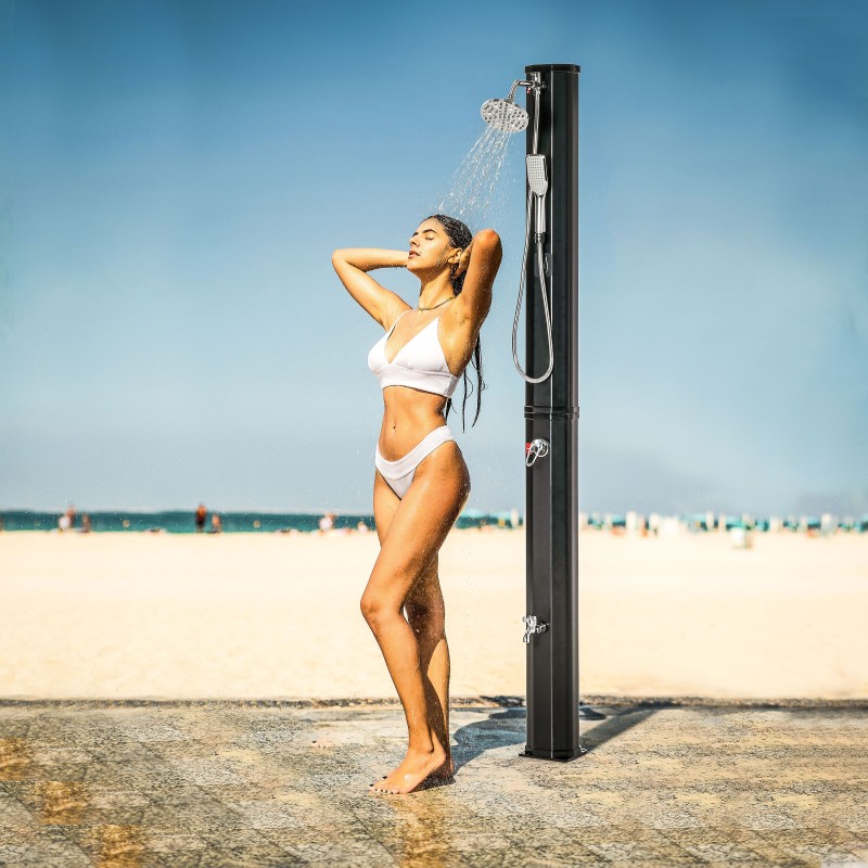 Aurinkolämmitteinen ulkosuihku puutarhaan, 35 l vesisäiliö, 0–55 °C, muovi/ABS, musta, 216 cm