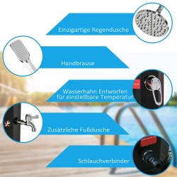 Aurinkolämmitteinen ulkosuihku puutarhaan, 35 l vesisäiliö, 0–55 °C, muovi/ABS, musta, 216 cm