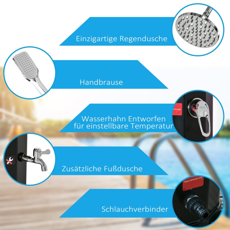 Aurinkolämmitteinen ulkosuihku puutarhaan, 35 l vesisäiliö, 0–55 °C, muovi/ABS, musta, 216 cm