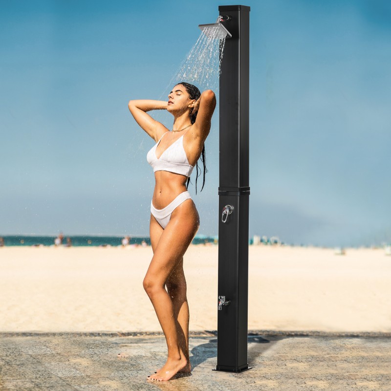 Aurinkolämmitteinen ulkosuihku 40 l, 360° kääntyvä suihkupää ja jalkasuihku, musta 19 x 20 x 217 cm
