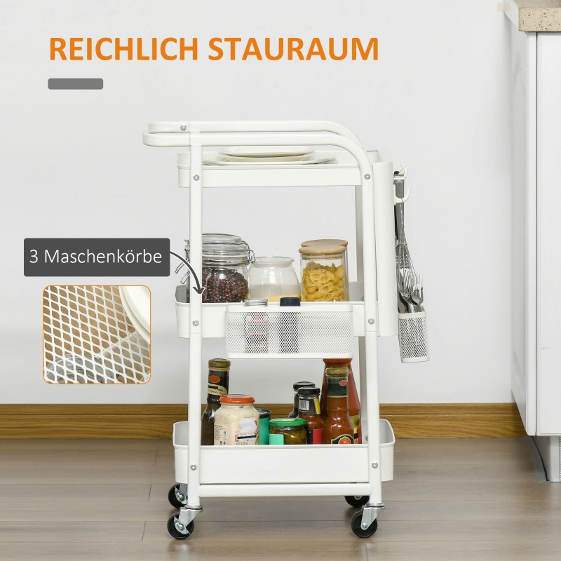 Keittiövaunu rei’itetty sivulevy ja korihyllyt, teräs, 51,5 x 32 x 75,6 cm, valkoinen