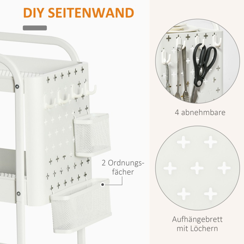 Keittiövaunu rei’itetty sivulevy ja korihyllyt, teräs, 51,5 x 32 x 75,6 cm, valkoinen