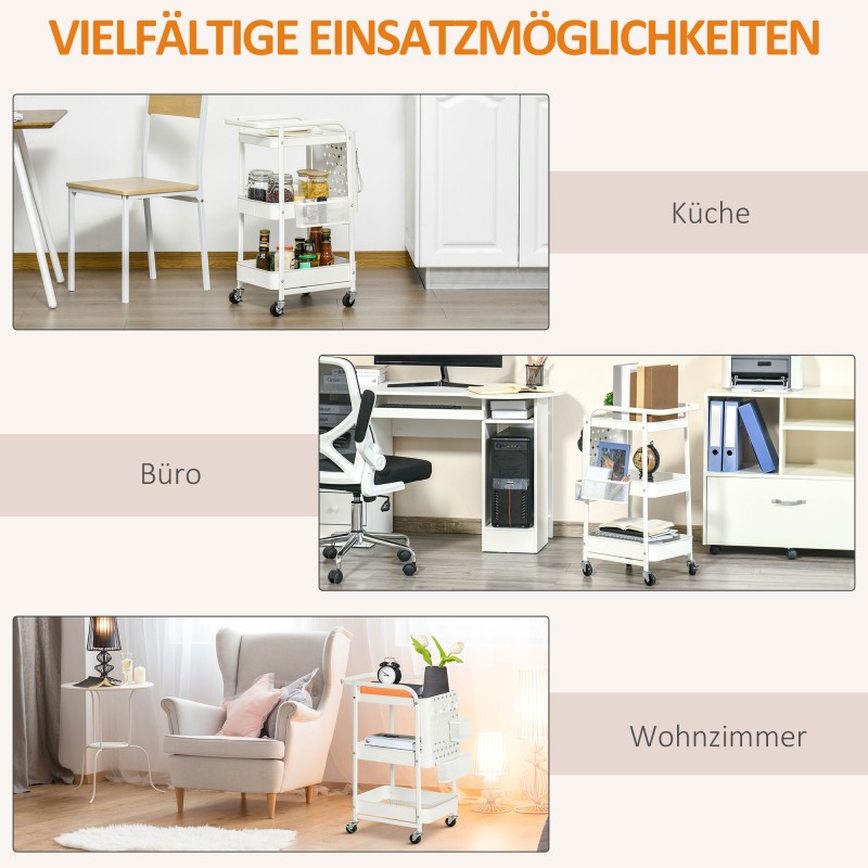 Keittiövaunu rei’itetty sivulevy ja korihyllyt, teräs, 51,5 x 32 x 75,6 cm, valkoinen