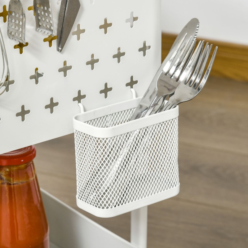 Keittiövaunu rei’itetty sivulevy ja korihyllyt, teräs, 51,5 x 32 x 75,6 cm, valkoinen